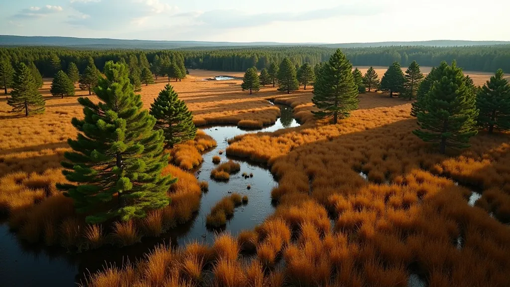 Bird's eye view of peatland bog landscape with scattered pine trees, open vegetation, and distant horizon under sky