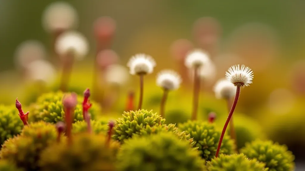 Close-up of bog flora including sundew plants, sphagnum moss, and bog cotton in natural peatland habitat