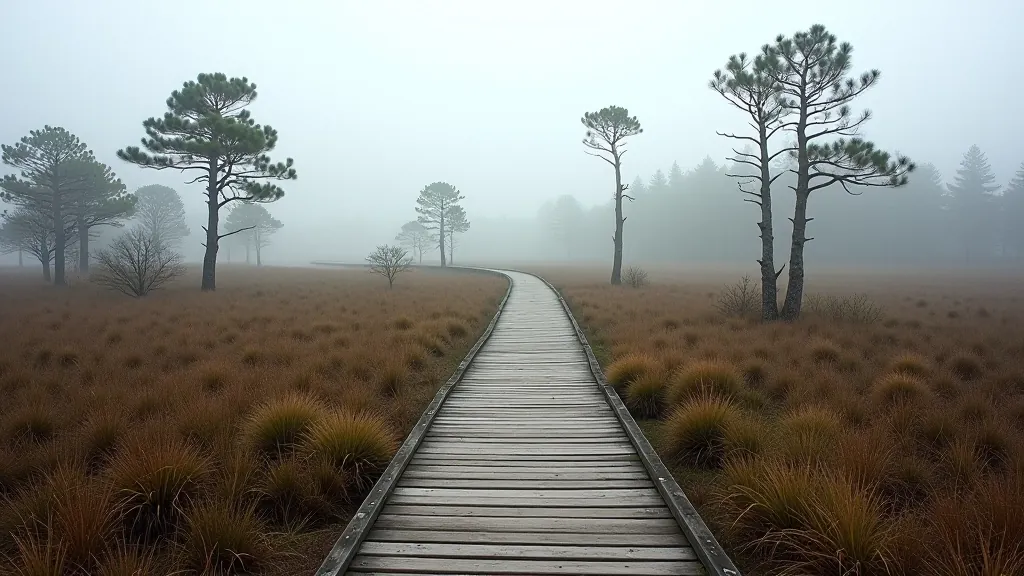 Elevated wooden boardwalk pathway through misty peatland bog with sparse pine trees and open sky