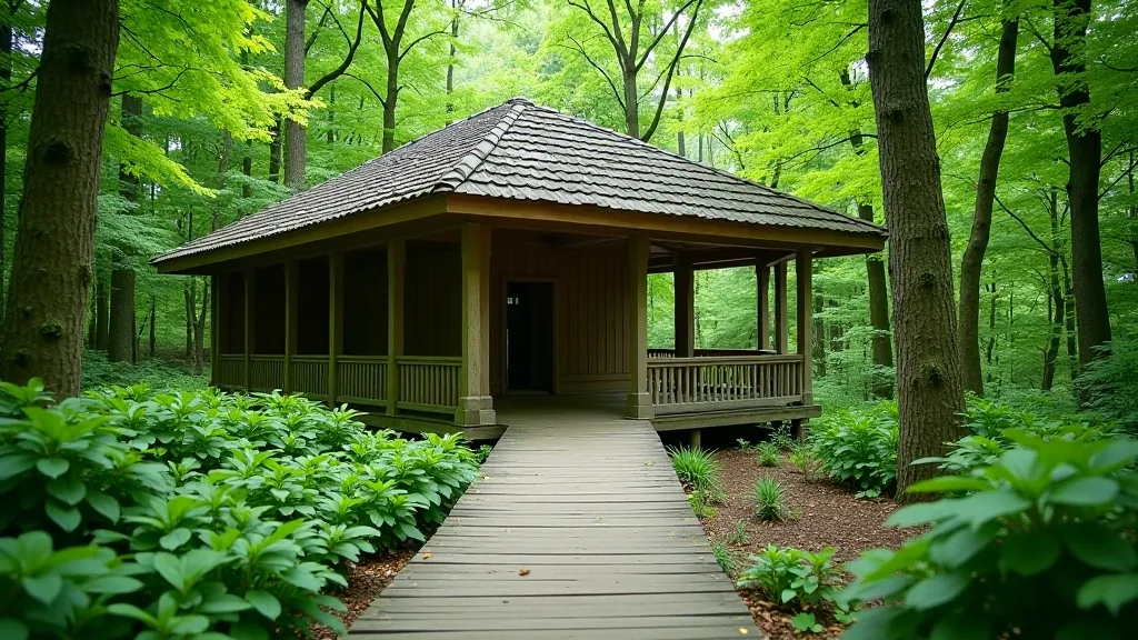 Natural mineral spring area with historic stone structure surrounded by green forest landscape and peaceful outdoor setting