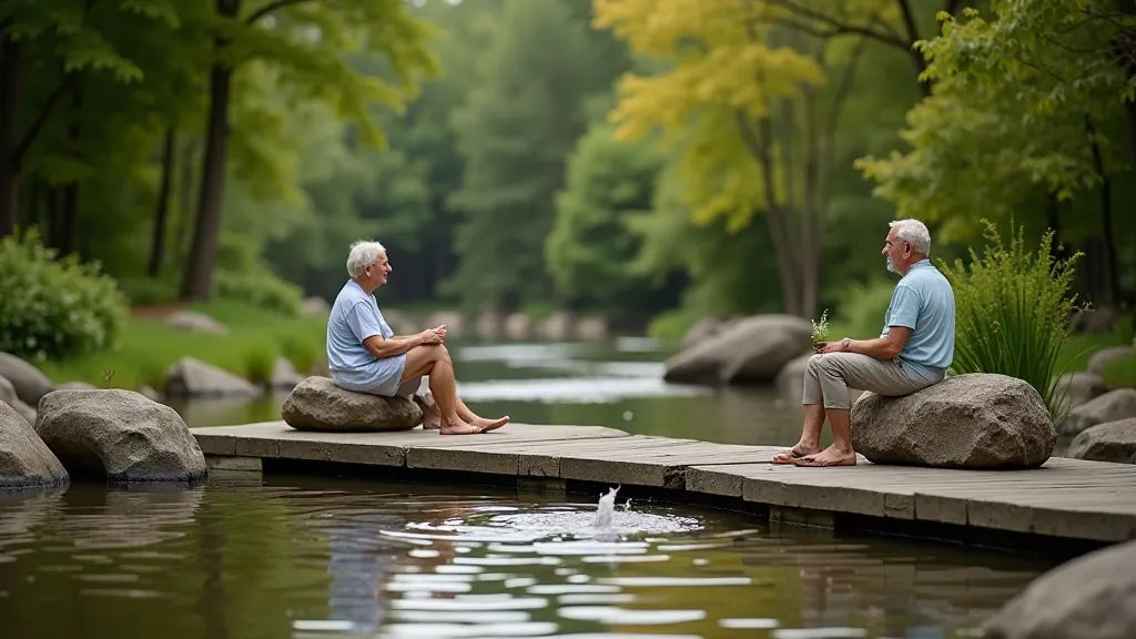 Group of seniors enjoying nature at mineral spring rest area
