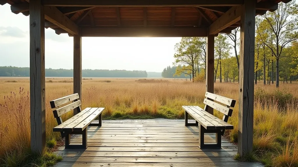 Comfortable rest area pavilion with seating overlooking natural peatland landscape on clear day