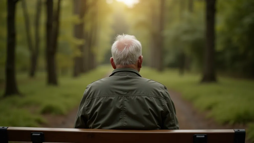 Senior person sitting on bench in forest, facing away toward natural woodland scenery in peaceful contemplative pose