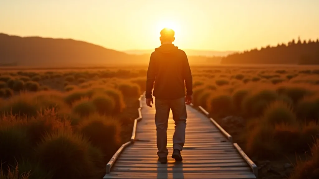 Person walking alone on wooden boardwalk through peaceful peatland bog landscape at sunset with golden light