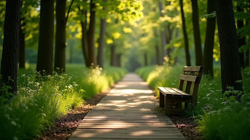 Peaceful rest bench surrounded by mature trees and natural spring landscape