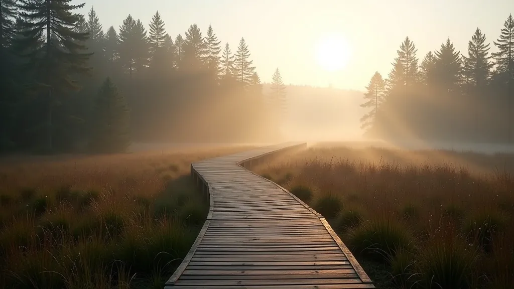 Ķemeri bog boardwalk stretching through misty landscape