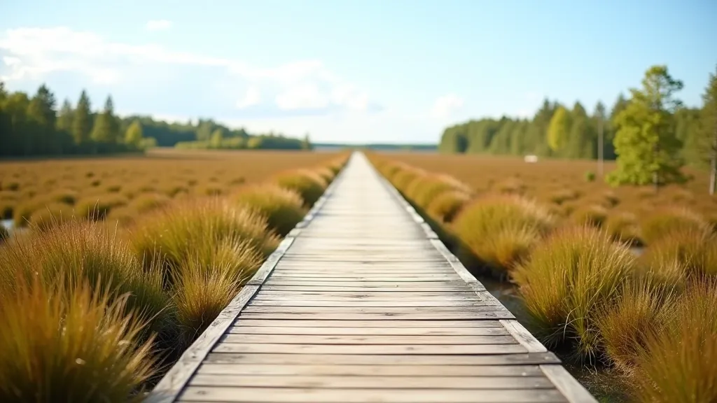 Wooden rest platform on peatland boardwalk trail surrounded by natural vegetation and clear sky views