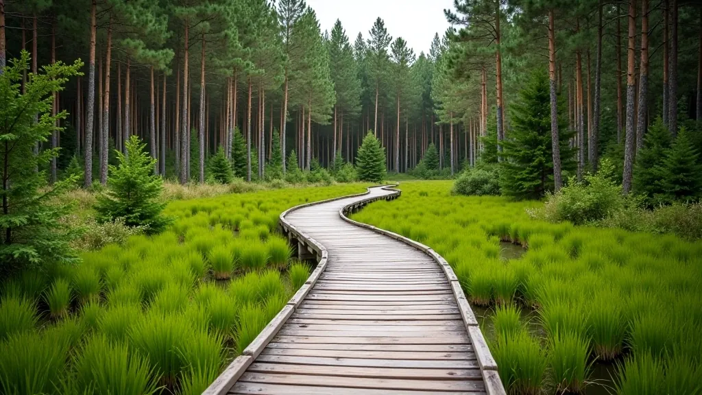 Wooden boardwalk path through natural peatland forest